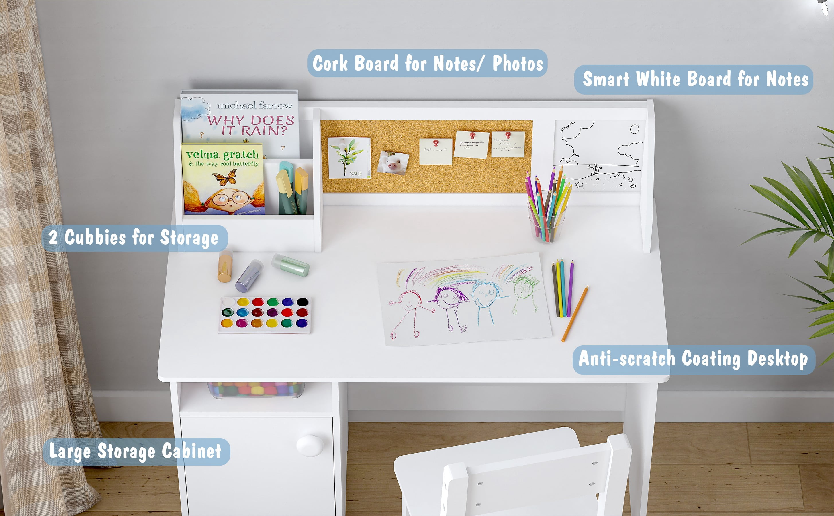 STAROUS Kids Study Desk with Chair, Wooden Study Table for 3-8 Years Old, Student's Workstation & Writing Table (White)