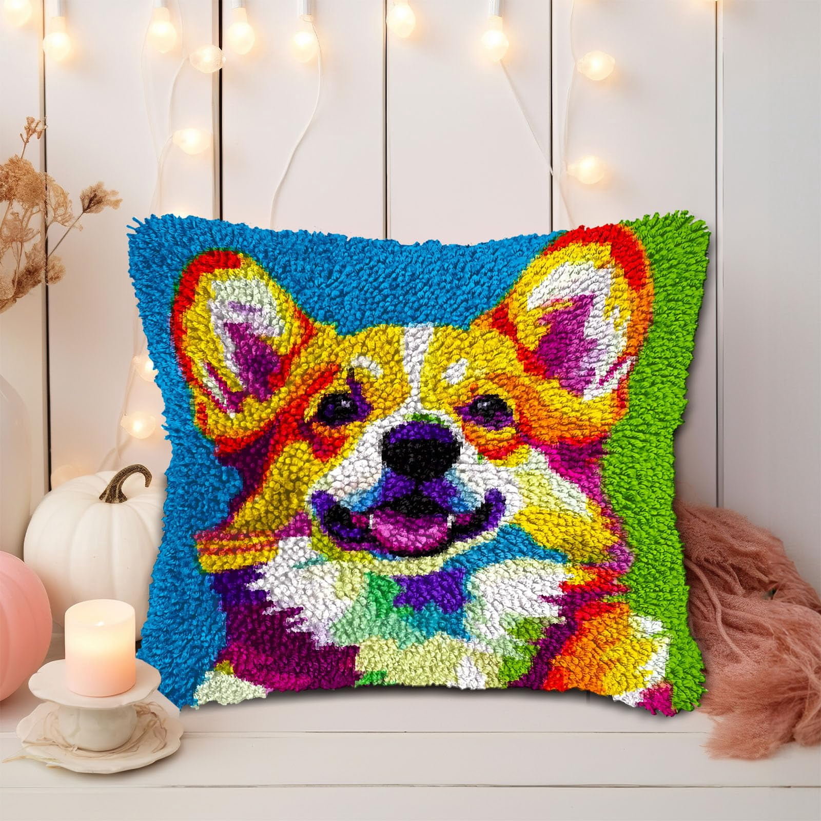 Yellow Welsh Corgi Dog DIY Latch Hook Pillow Kits for Adults Printed Pillowcase Crochet Yarns Hooking Handmade Pillow Cover Cushion for Home Sofa Decoration 17x17inch