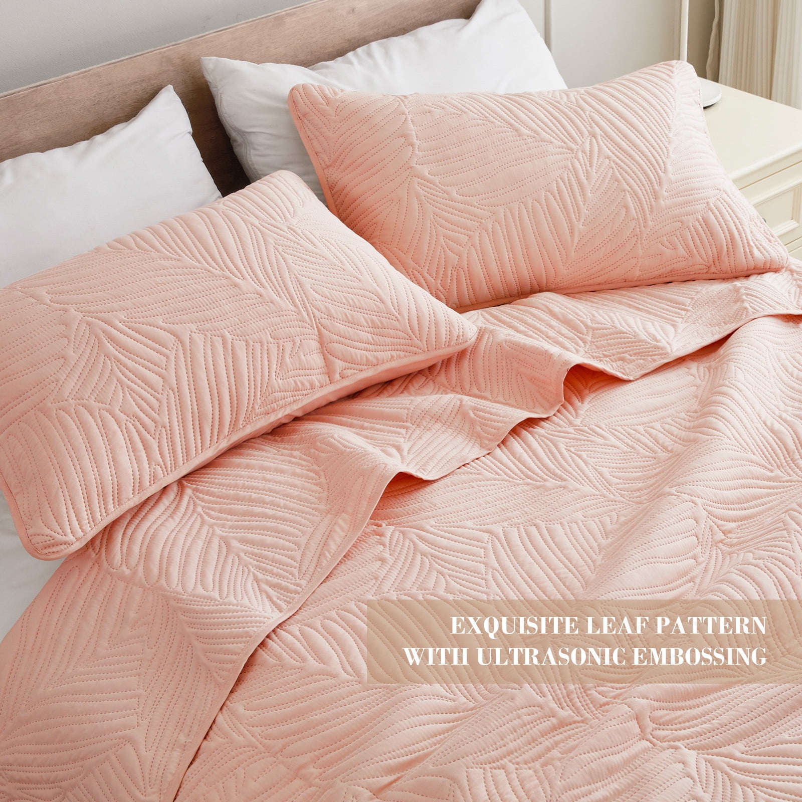 Exclusivo Mezcla Ultrasonic Full Queen Size Quilt Set Blush Pink, 3 Pieces Lightweight Bedspread Leaf Pattern Bed Cover Soft Microfiber Coverlet Bedding Set for All Seasons