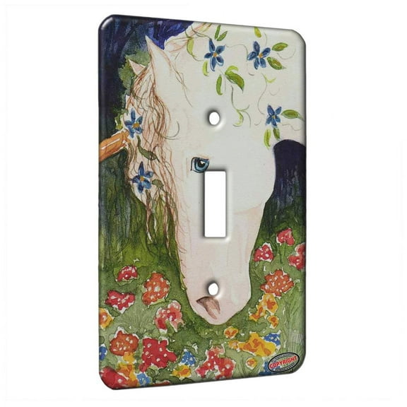 KuzmarK™ Single Gang Toggle Switch Wall Plate - Blue Eyed Unicorn with Flowers Fantasy Horse Art by Denise Every