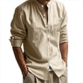 thumbnail image 2 of Camisa de y Algodón para Hombre, de Larga, Sin Cuello, Informal, con Botones, Transpirable, para Playa. Caqui S, 2 of 6