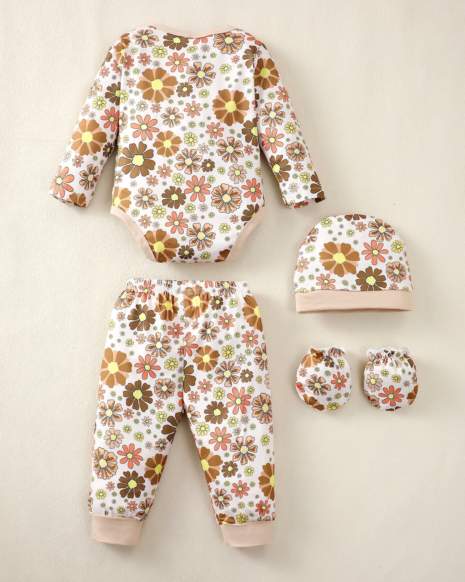 KIMI BEAR Newborn Baby Girls Layette Set 4 Packs 0-3 Months Winter Clothes Outfits Long Sleeves Romper Top Pants Gloves Hats 16 Piece Essentials Accessories Clothing Gift Sets Brown