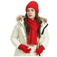 thumbnail image 2 of AHTJRT Women's Winter Beanie Hat Scarf Gloves 3 in 1 Set Warm Knit Long Scarves Fleece Lined Beanie Pompom Hat Touchscreen Gloves Set Red Free Size, 2 of 6