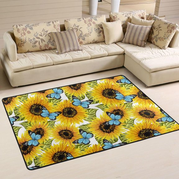 SKYSONIC 72x48in Sunflowers Artwork Area Rug, Beautiful Butterfly Floor Carpet for Indoor Living Dining Room and Bedroom Area