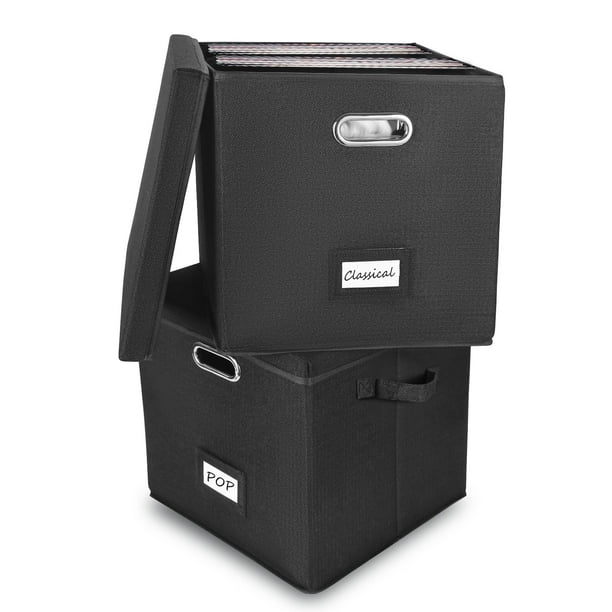 Caja de almacenamiento de discos de vinilo, juego de 2 – Almacenamiento de álbumes con capacidad para más de 100 discos individuales, caja organizadora decorativa de almacenamiento LP con tapa, cajas