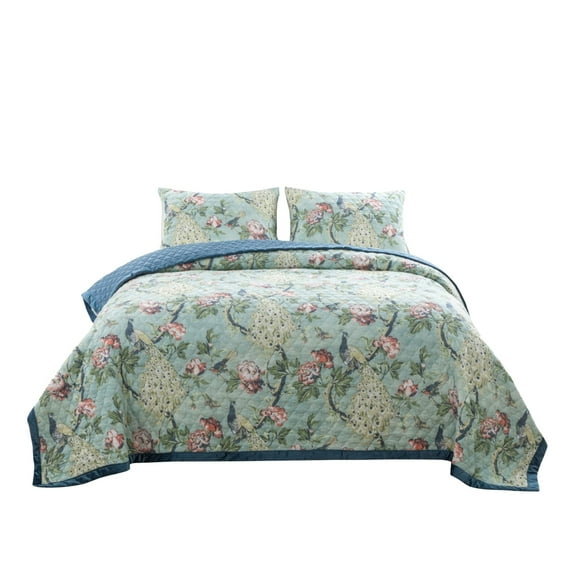 Eden 3 Piece King Quilt Set, Peacock Print, Green Microfiber- Saltoro Sherpi
