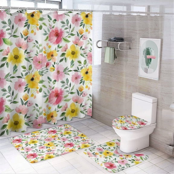 4 Piece Bathroom Shower Curtain Sets Pink And Yellow Watercolor Floral Non-Slip Rugs And Toilet Mat Lid Rug Accessories Farmhouse Flower 12 Hooks for Bathroom Decor 72inch X 72inch