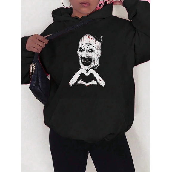 Women's Halloween Hoodie - Art The Clown Terrifier Graphic Pullover Sweatshirt, Horror Clown Face Design, Cozy Fall/Winter Wear, Soft Material, Comfortable Fit, Halloween Gift for Horror Fans