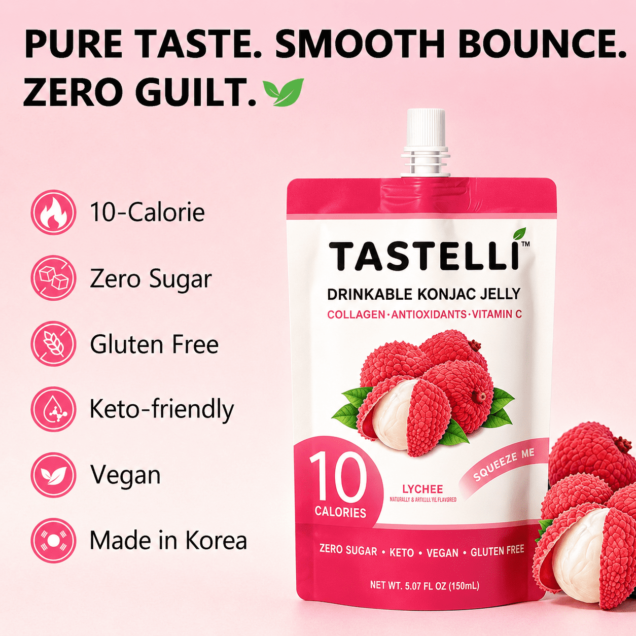 Tastelli Lychee  Konjac Jelly Infused with Collagen & Vitamin C | Gluten Free, Sugar Free, Low Calorie | Vegan Drinkable Fruit Jelly Snack | 150mL x 10 Pouches