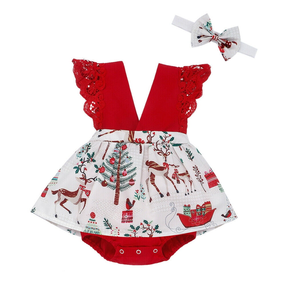 Newborn Baby Girls Christmas Dress Outfits Infant Xmas Romper Dress Headband Set 