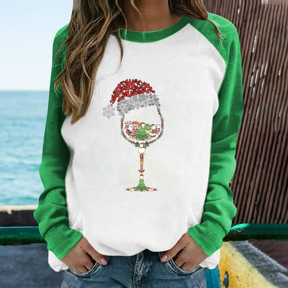Babysbule Christmas Shirts for Women Spring Patchwork Printed Sleeves Round Neck Casual Tee Tops Clearance Tops Fashion