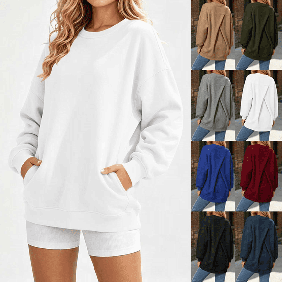 Dvprdro Womens Casual Loose Fit Crewneck Sweatshirt Long Sleeve Oversized Top with Pocket Solid Color Pullover