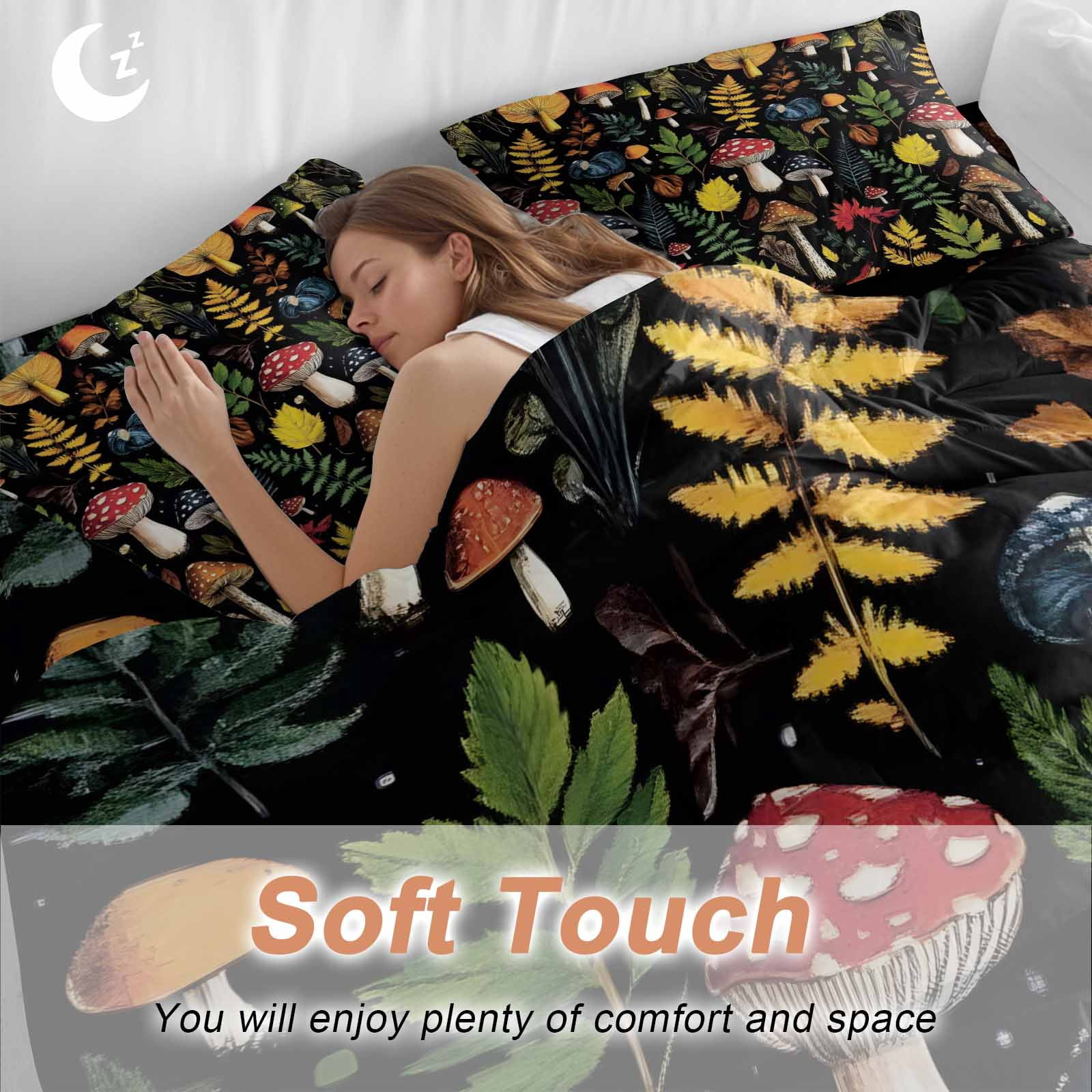 Farm Mushroom Duvet Cover Set King Size, Leaf Fern Plant Retro Black Background 4 Piece Soft Microfiber Bedding Set with 1 Duvet Cover, 1 Flat Sheet, 2 Pillowcases