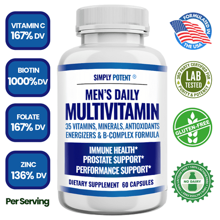 Multivitamin for Men by Simply Potent 35 Nutrient Men s multi vitamin Mineral Herb & Fruit Complex Antioxidant & Natural Body Support Improves Immune Prostate & Overall Health 60 Capsules