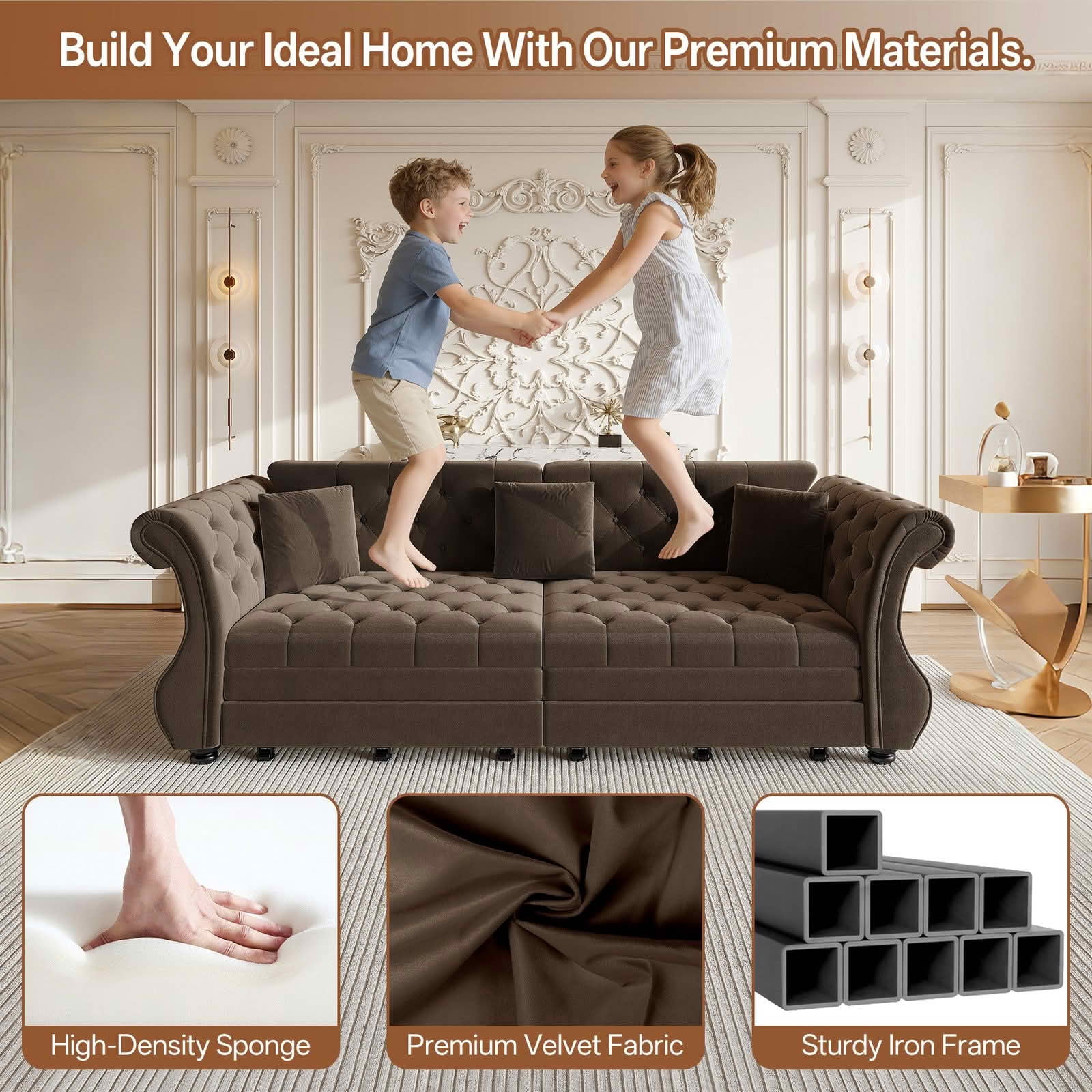 MAYEERTY 97.6" Chesterfield Pull‑Out Sofa Bed, Classic Roll‑Arm Velvet Couch with Flower Tufting, 3 Pillows Included for Living Room, Bedroom and Apartment