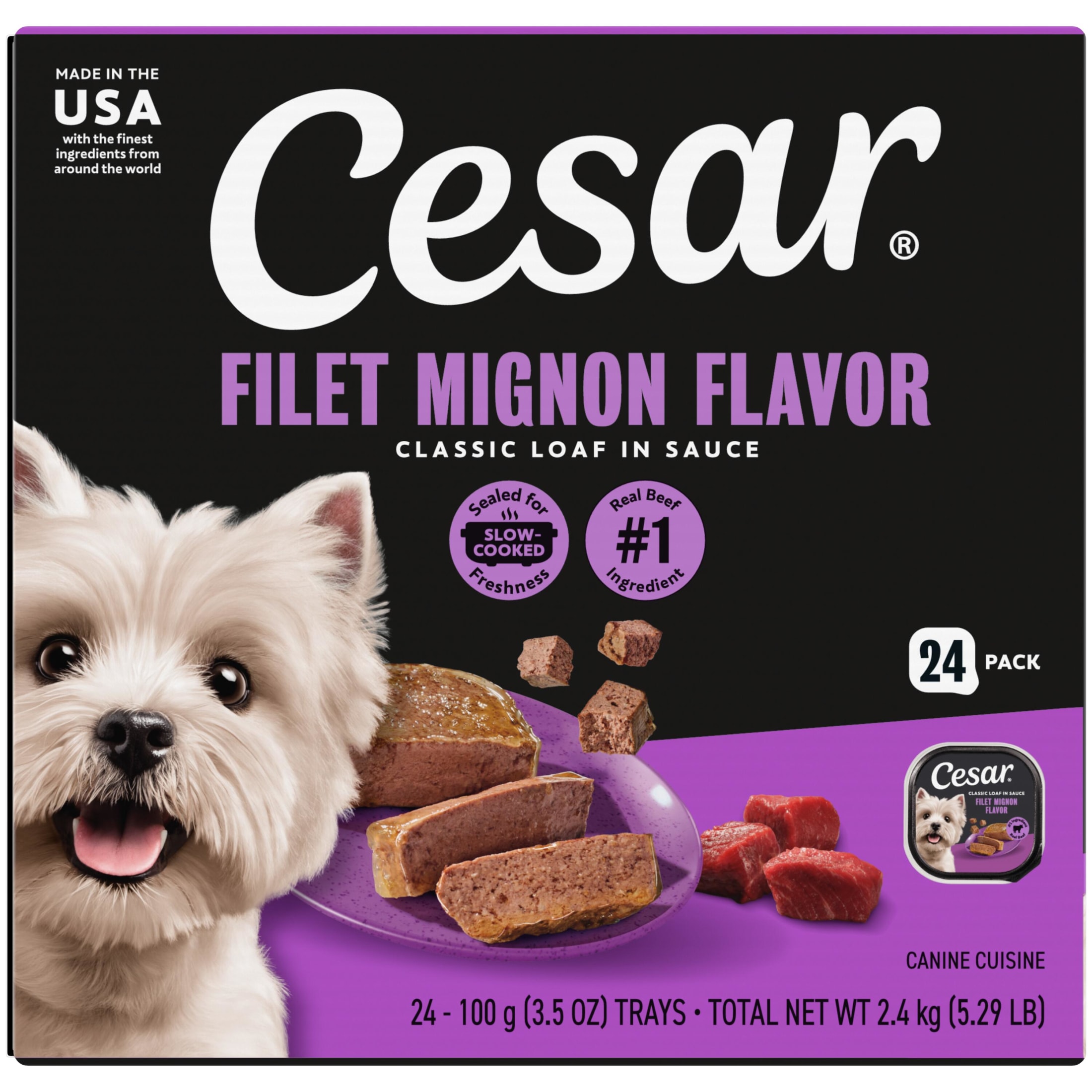 Cesar Classic Loaf in Sauce Filet Mignon Flavor Adult Wet Dog Food, 3.5 oz Easy Peel Trays, 24 Ct.