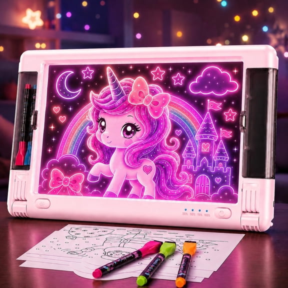 GEOKAY 15″ Rechargeable LED Drawing Board for Kids, Neon Glow Art Writing Tablet with 9 Colors, Built-in Stand & Marker Storage, Light Up Doodle Board, Gift for Kids/Teens(pink)