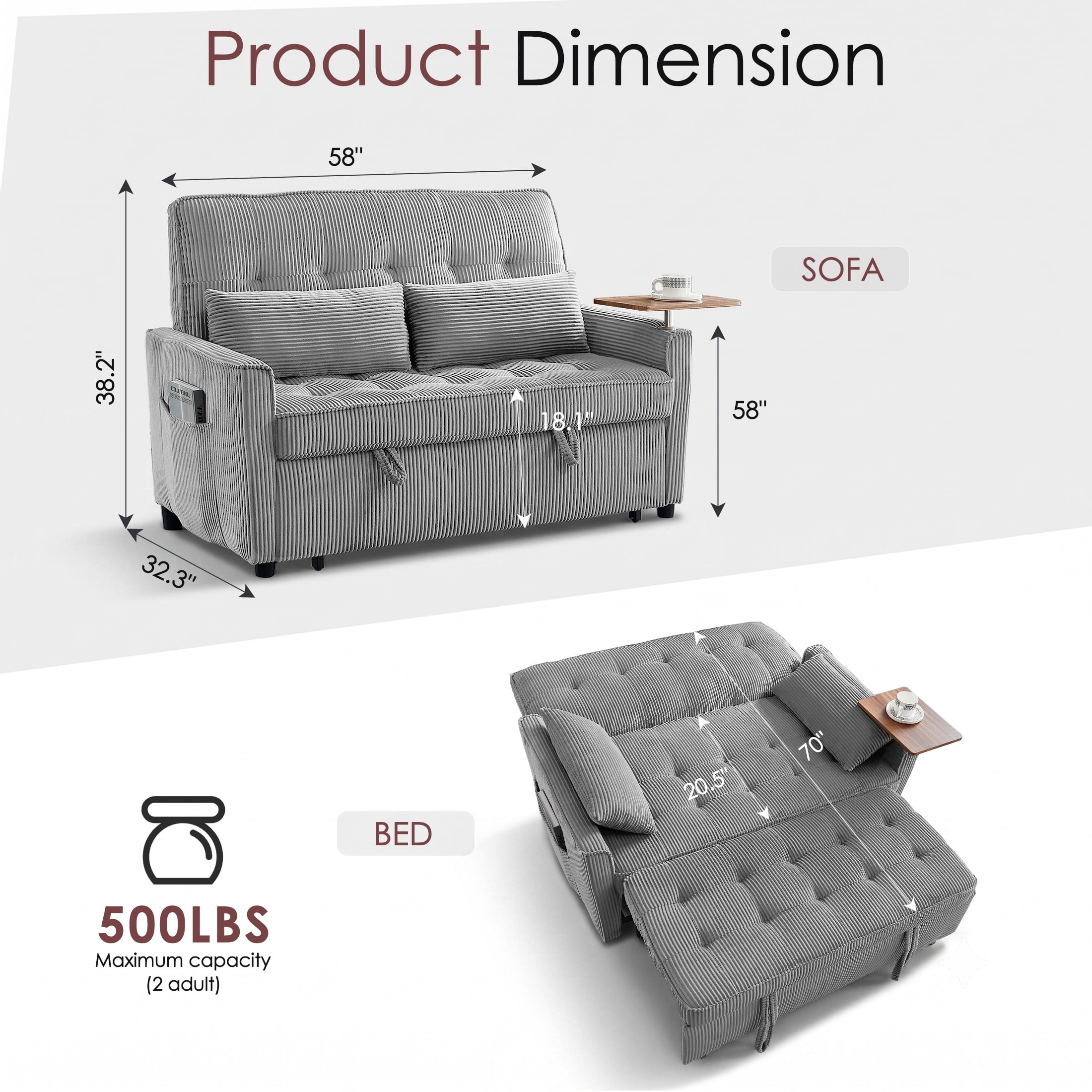 avobird 54'' 3 in 1 Pull Out Sofa Bed, Convertible Couch with Adjustable Backrest/Side Pockets/USB Charging Ports, Sleeper Sofa with small table for Living Room, Light Gray