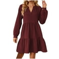 thumbnail image 1 of Robes d'Automne pour Femmes Tendance Col en V Manches Longues Robe à Volants Longueur Genou Décontractée Plissée Ligne A Midi, 1 of 7