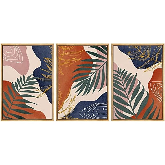 IDEA4WALL Framed Wall Art Print Set Tropical Geometric Jungle Palm Leaves Nature Illustrations Modern Decorative Chic for Living Room, Bedroom, Office - 16"x24"x3 Natural