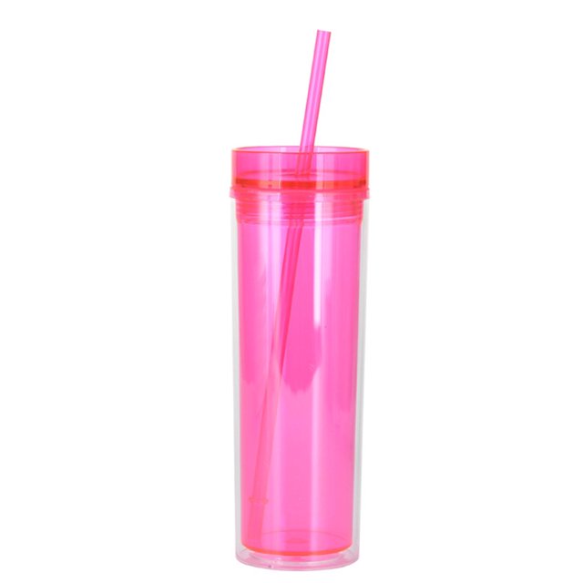 Taza con pajita transparente de doble capa de 450 ml, taza recta de color, taza de agua de doble capa con pajita