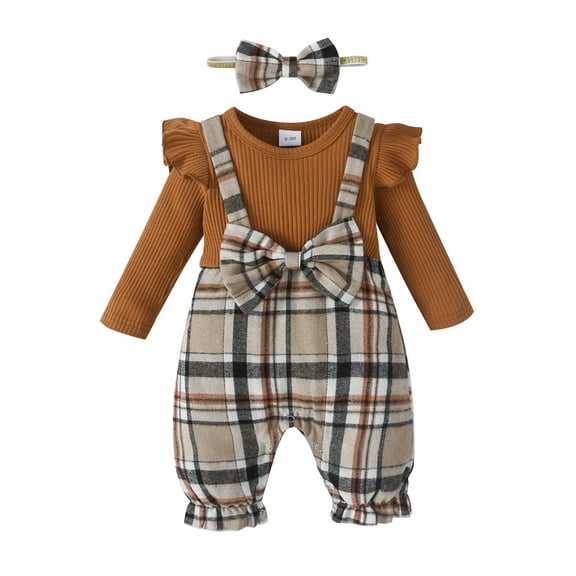 Bagilaanoe Newborn Baby Girl Jumpsuit Plaid Long Sleeve Bodysuit   Headband 3M 6M 9M 12M 18M Infant Patchwork One Piece Romper
