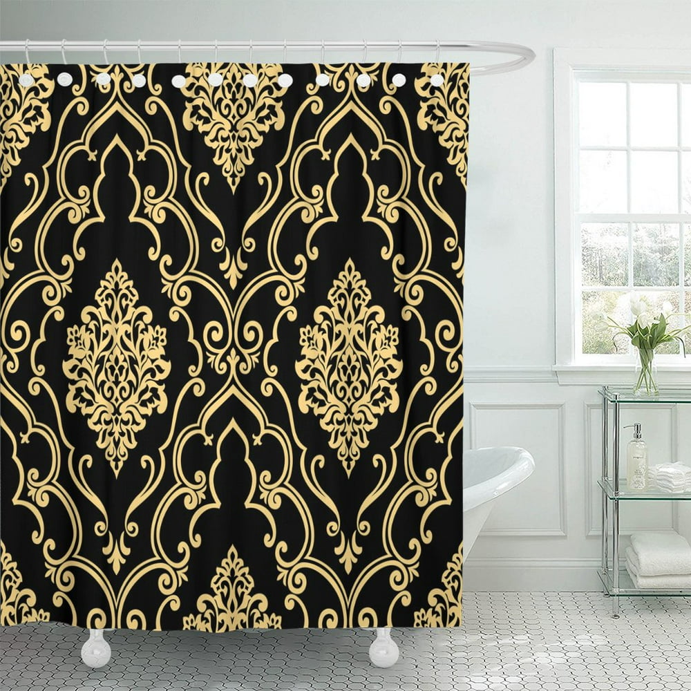 PKNMT Scroll in The of Baroque Damask Gold and Black Polyester Shower
