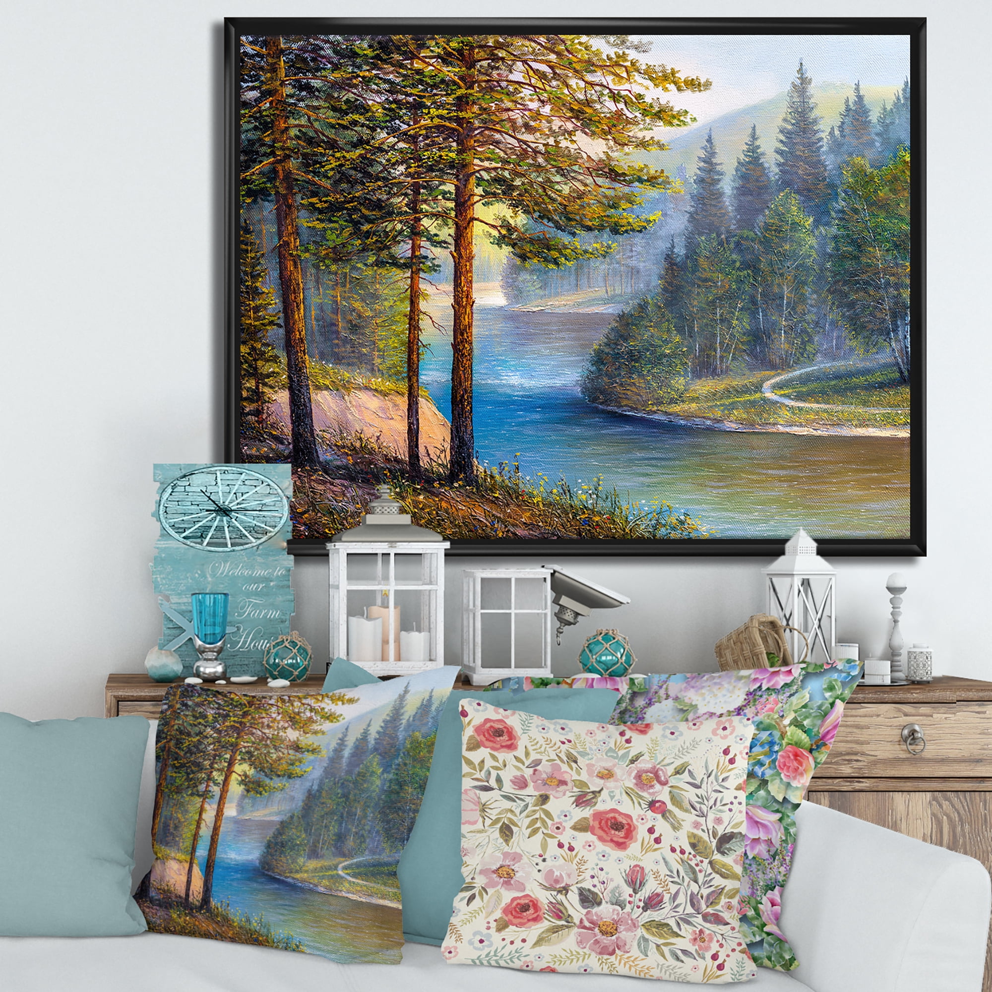 Designart 'Sunrise Glow Through The Pine & Fir Forest' Lake House Framed Canvas Wall Art Print