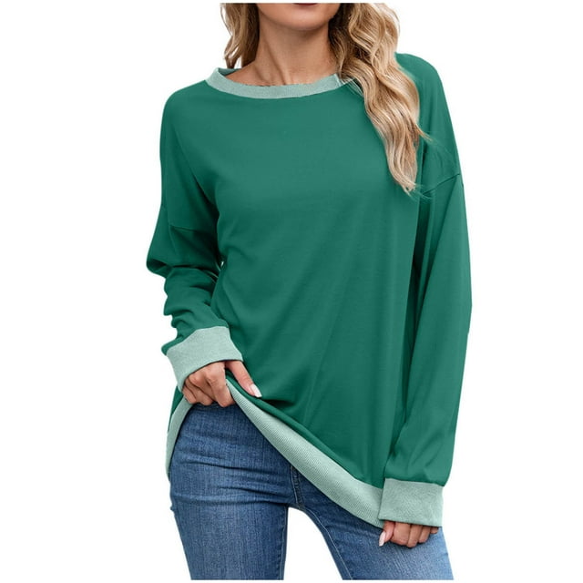 Women's Casual Tops, Long Sleeve Oversized Ribbed Knit Shirt with Color Block Design, Soft Polyester Comfort Fit Daily Wear