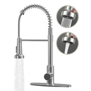 IUSU 20in Kitchen Faucet with Pull Down Sprayer, Brushed Nickel Commercial Spring Kitchen Sink Faucet Single Handle Pull Out Sink Faucets with Deck Plate Suit to 1 or 3 Holes Silver