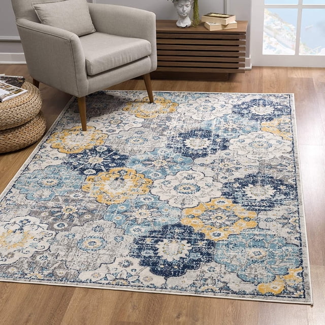 homeroots home decor 392917 5’ x 8’ Blue Distressed Floral Area Rug