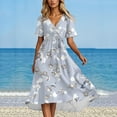 thumbnail image 5 of Women's Summer Dress Sexy V Neck Casual Wear To Work Dresses Short Sleeve Smocked Flared Flowy Beach Boho Midi Floral Dress,Light Gray S, 5 of 6