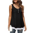 thumbnail image 4 of Blusa de empalme de encaje para mujer, cuello redondo, botón, cómoda, cuello redondo, sin mangas, Top negro XL, 4 of 8