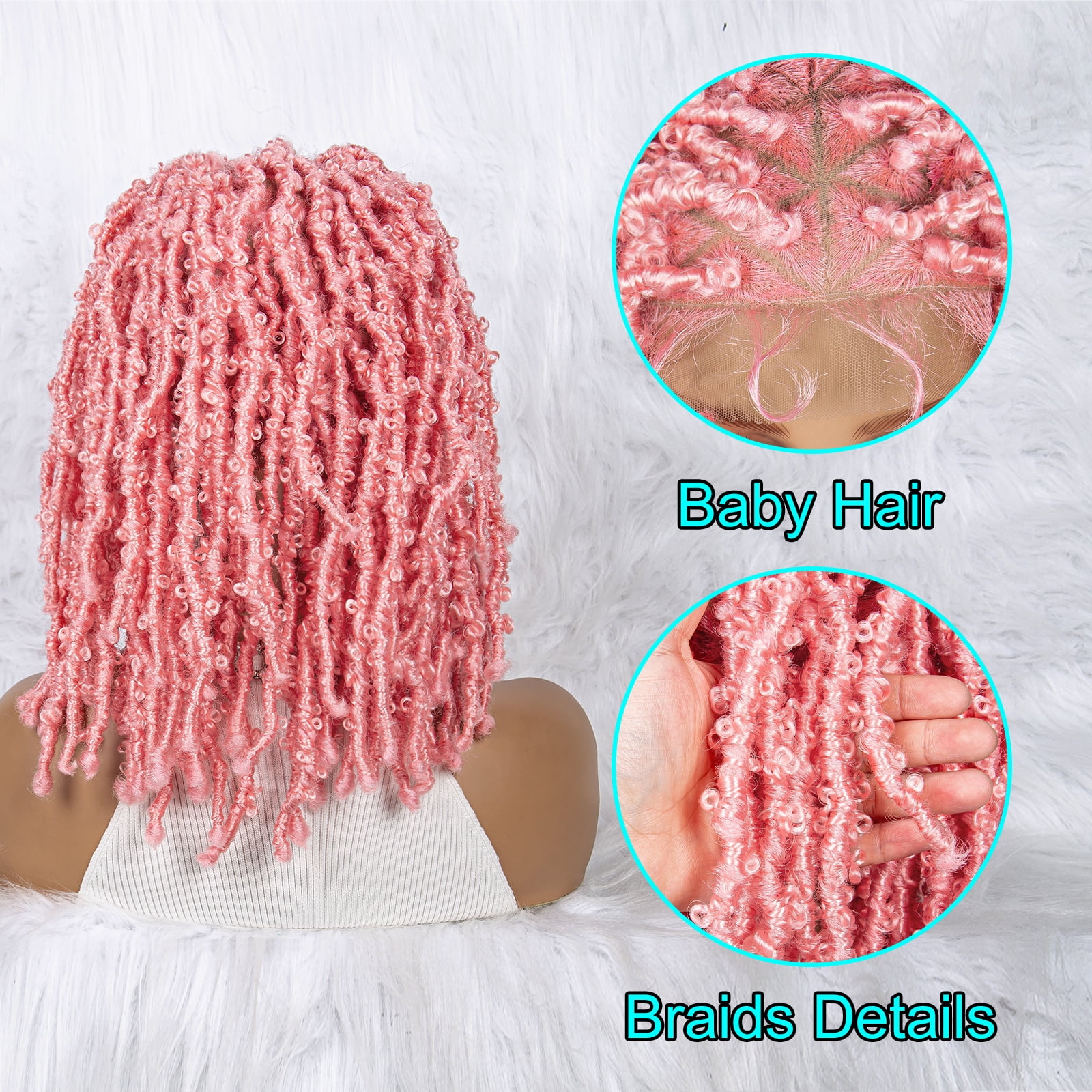 Pink Color Braided Wigs for Black Women Double Full Lace Knotless Box Short Bob Dreadlock Braided Wigs Synthetic Lace Front Braided Wigs with Baby Hair Handmade Braided Wigs 14 inches