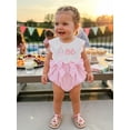 thumbnail image 5 of BemeyourBBs Infant Baby Girl First Birthday Outfit 1 Years Old Birthday Clothes Summer Bubble Romper Sleeveless Cake Embroidery Front Bow Bodysuit Playsuit One Piece Outfit, 5 of 9