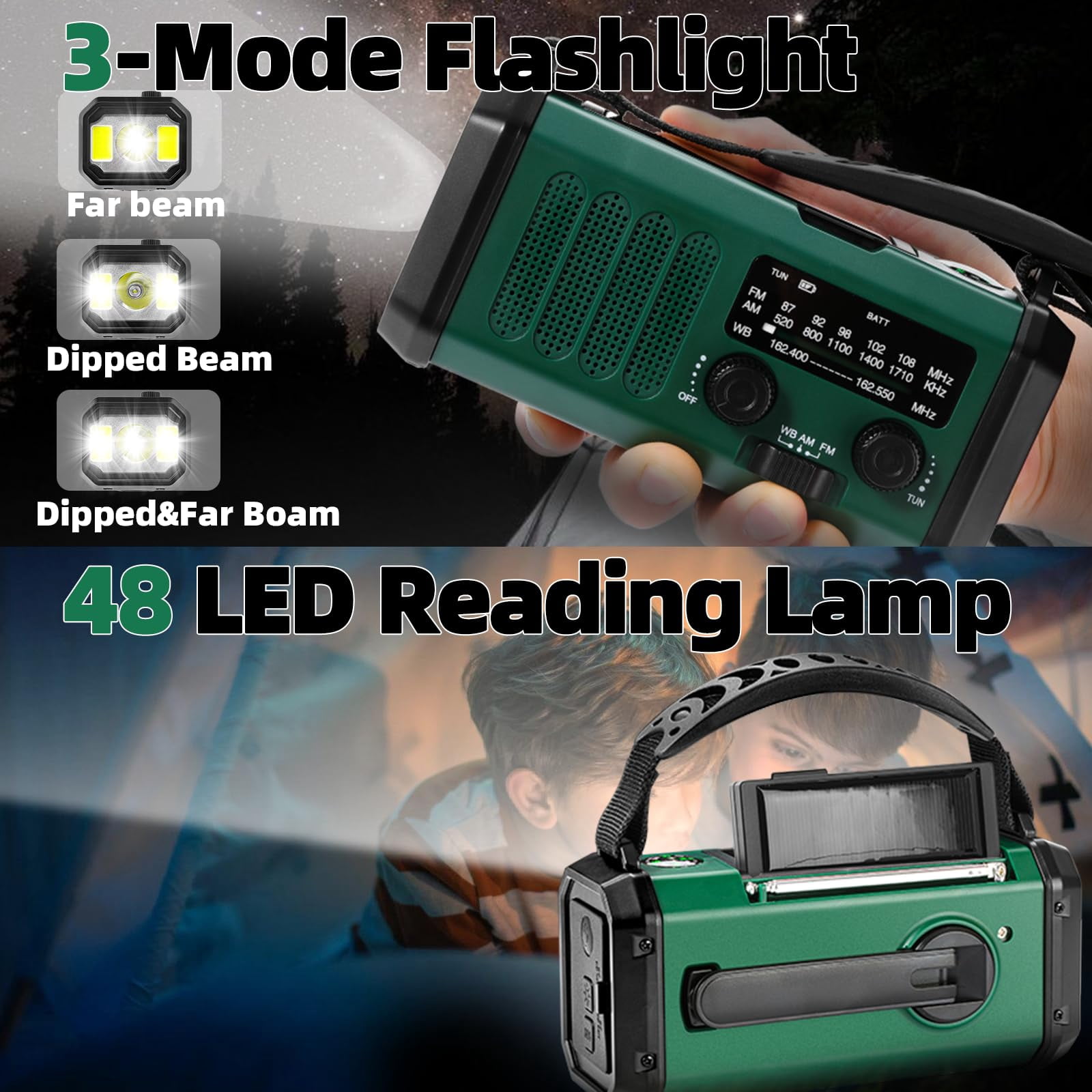 Hand Crank Emergency Radio 37000mwhsolar Portable Noaa Am Fm Weather With 3mode Flashlight And Reading Light Cell Phone Home Distress Signa
