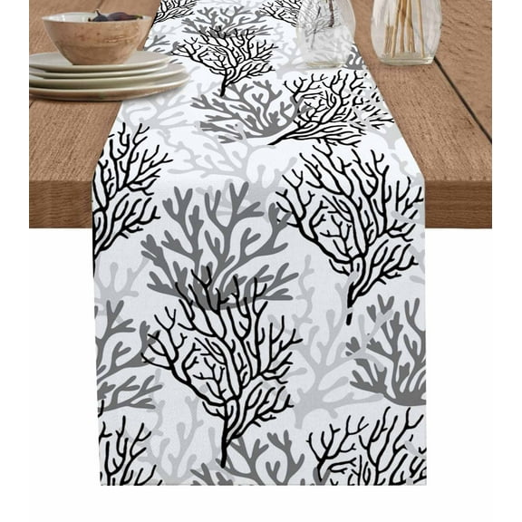 Black Gray Coral Coastal Table Runner Summer Beach Seaside Nautical Tablerunners 13 x 48 Inch, Table Decorations Tabletop Scarf for Summer Gathering Holiday Farmhouse Kitchen Dining Decor
