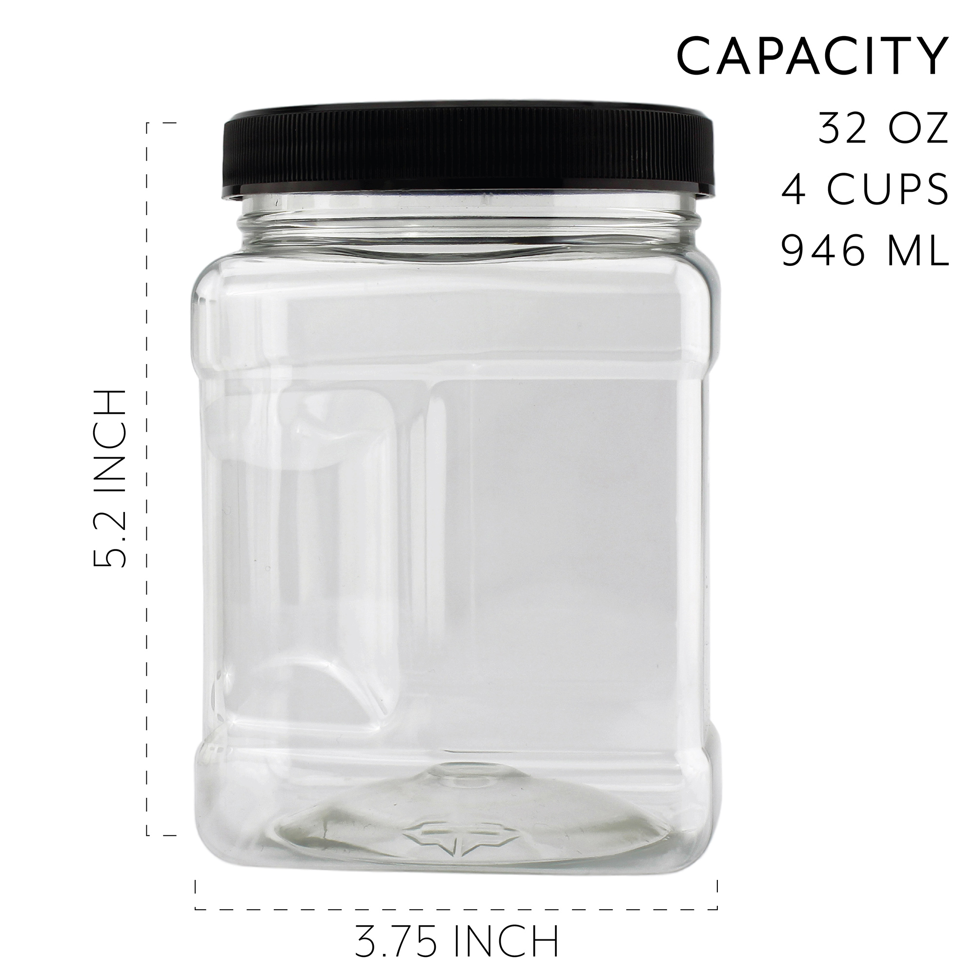 32oz Square Plastic Jars (4-Pack, Quart); Clear Rectangular 4-Cup Canisters w/Black Lids, Easy-Grip Side - image 4 of 6