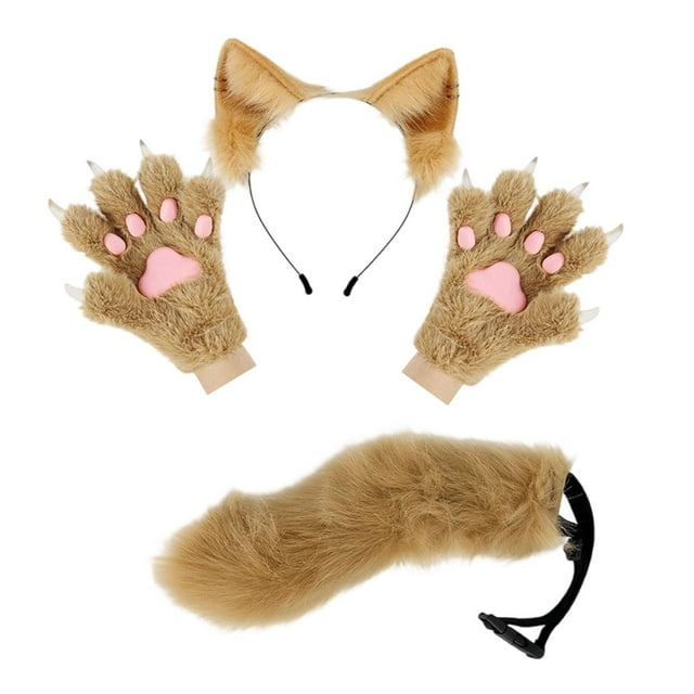 Conjunto de diadema con orejas de animales y guantes con cola para mujer y niña. Diadema con orejas de felpa de imitación. Camello