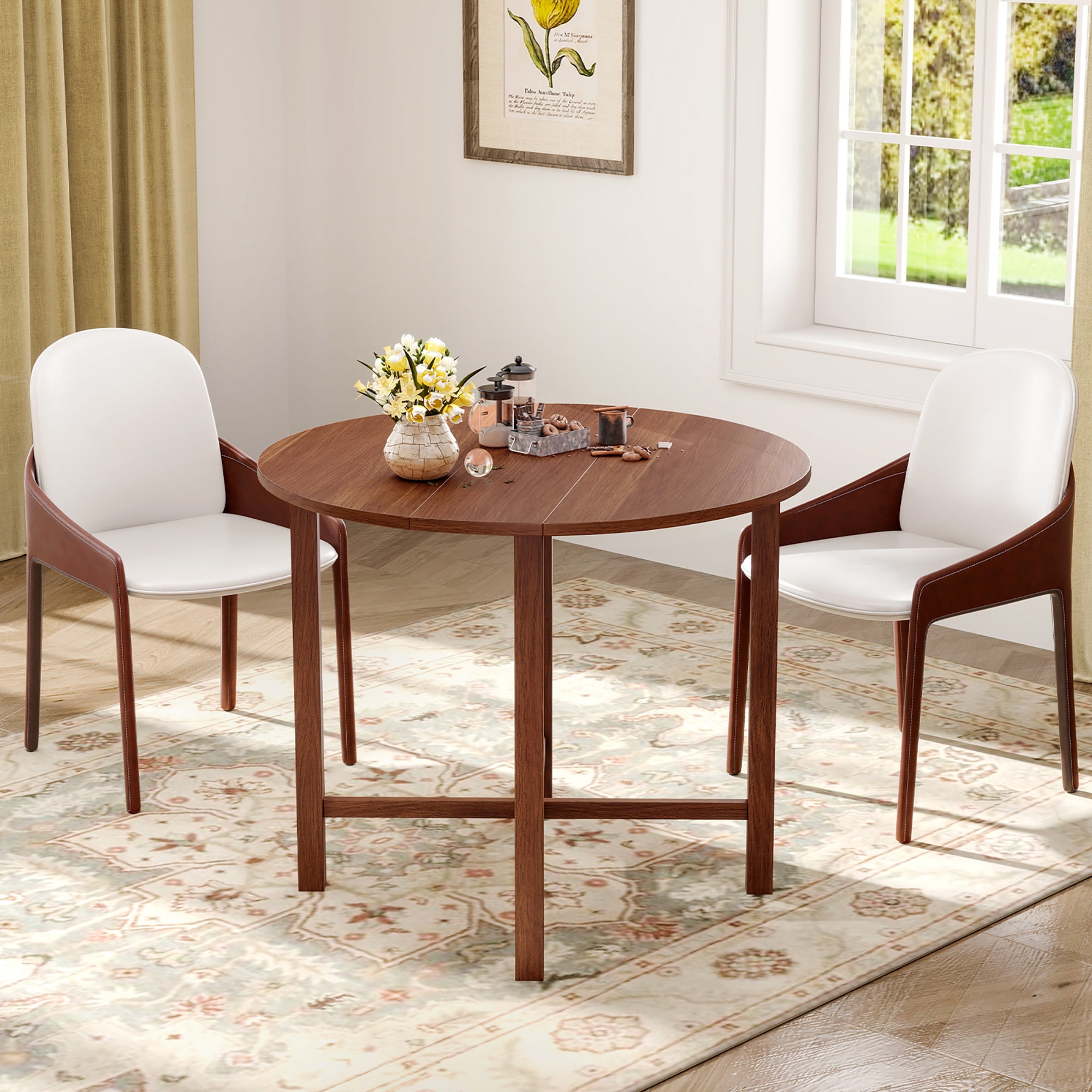 Gymax 36'' Foldable Kitchen Table Round Dining Table w/Solid Rubber Wood Legs