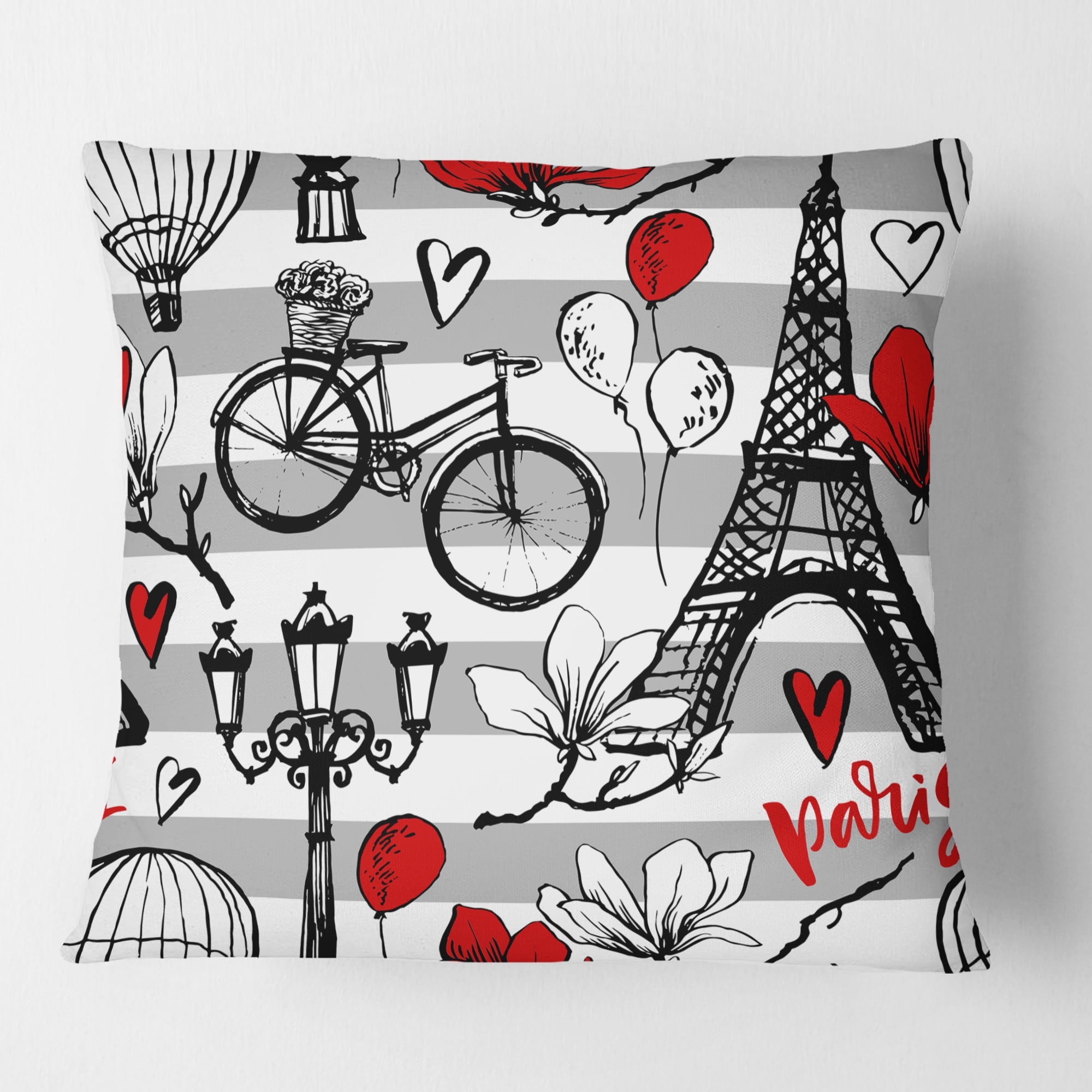 Designart Paris Eiffel Red Hearts II' Mid-Century Modern Throw Pillow - 16x16