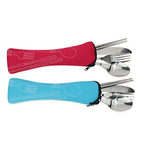Cutlery Carrying Case (Set of 2 Stainless Steel(Knife, Fork, Spoon, Chopsticks)Lightweight Portable Tableware,Camping/Travel/Office Lunch Cutlery Set with Carrying Cases(B11868-2 + B11868-3))
