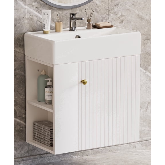 Enogets Bathroom Vanity Wall-Mounted with Ceramic Sink, Single Door Storage Cabinet, Space Saving Design for Small Bathroom
