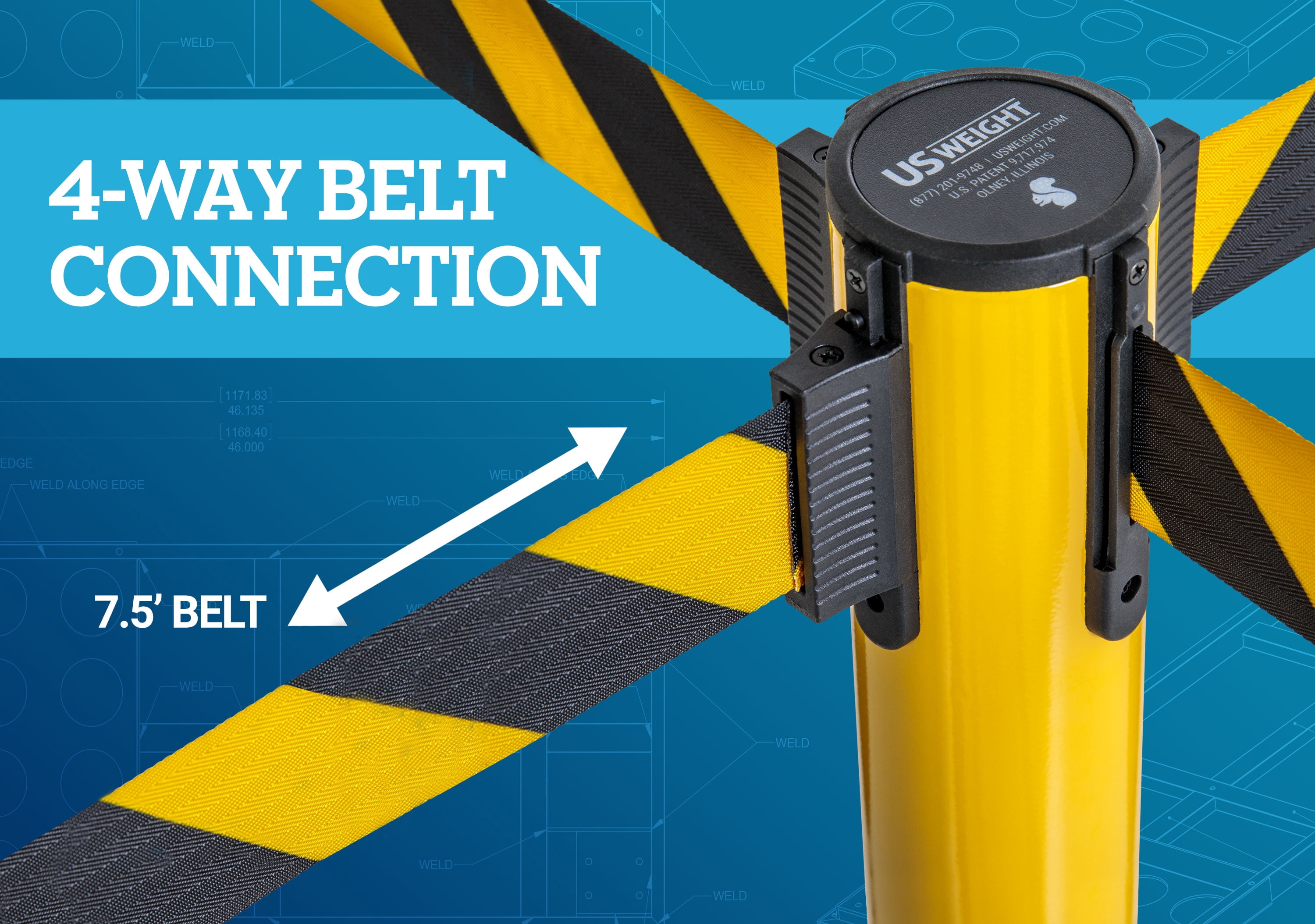 US Weight Heavy Duty Yellow Premium Steel Stanchion with 7.5-Foot Retractable Chevron Belt - 2 Pack