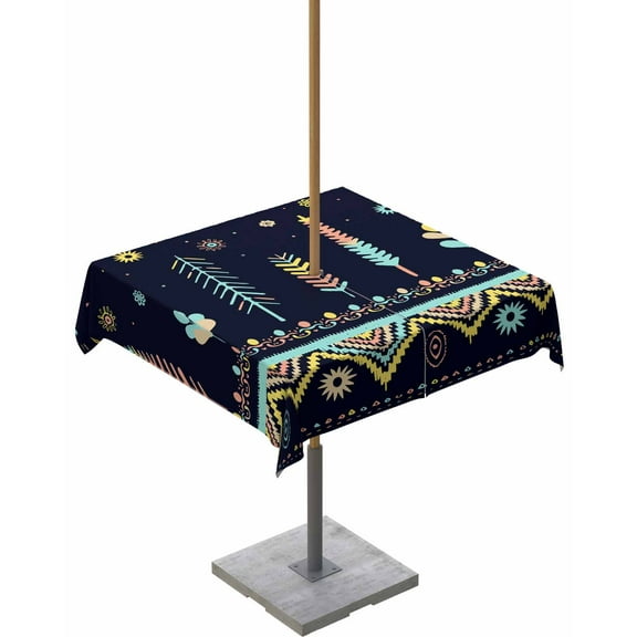 Tribal Colorful Abstract Floral Tree Square Tablecloth with Zipper,Waterproof Table Cloth with Umbrella Hole Patio Tablecloths for Outdoor Tables,Aztec Geometric Pattern Black Spillproof Table Cover