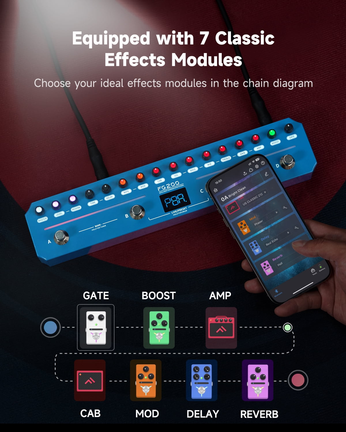 FLAMMA FG200 Intelligent Multi-Effects Processor Pedal with 52 AMP Models 5 BOOST Models 16 CAB Simulations 7 Effects Modules 9 IR Slots 40 Presets 40 Rhythm Styles Support APP OTG