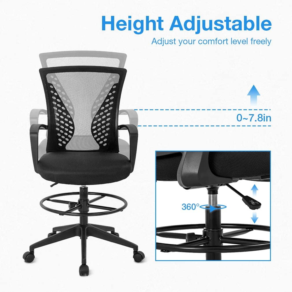 Tall Arms Footrest Height Adjustable Ribbed Mid-Back Tilt-Tension Control Rocker Lumbar Support Swivel Rolling Cushioned 400lb BIFMA Drafting Chair Stool Office Ergonomic Footrest Leather Black 