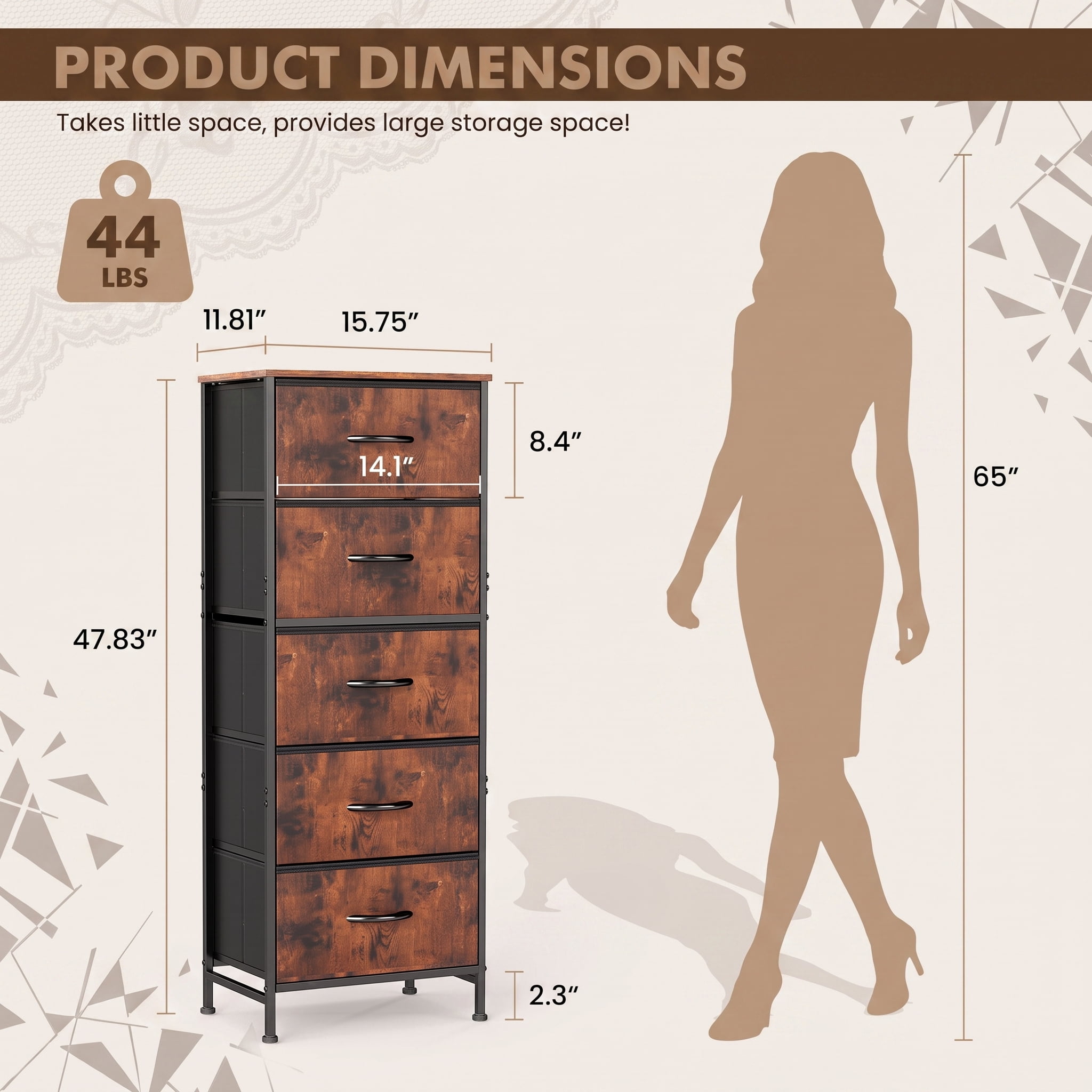 TrumanPick Fabric Storage Drawer Bedroom Dresser, Tall Dresser for Closet, 5 Fabric Dresser with 5 Storage Drawers for Clothes, Living Room, Hallway, Entryway, Rust