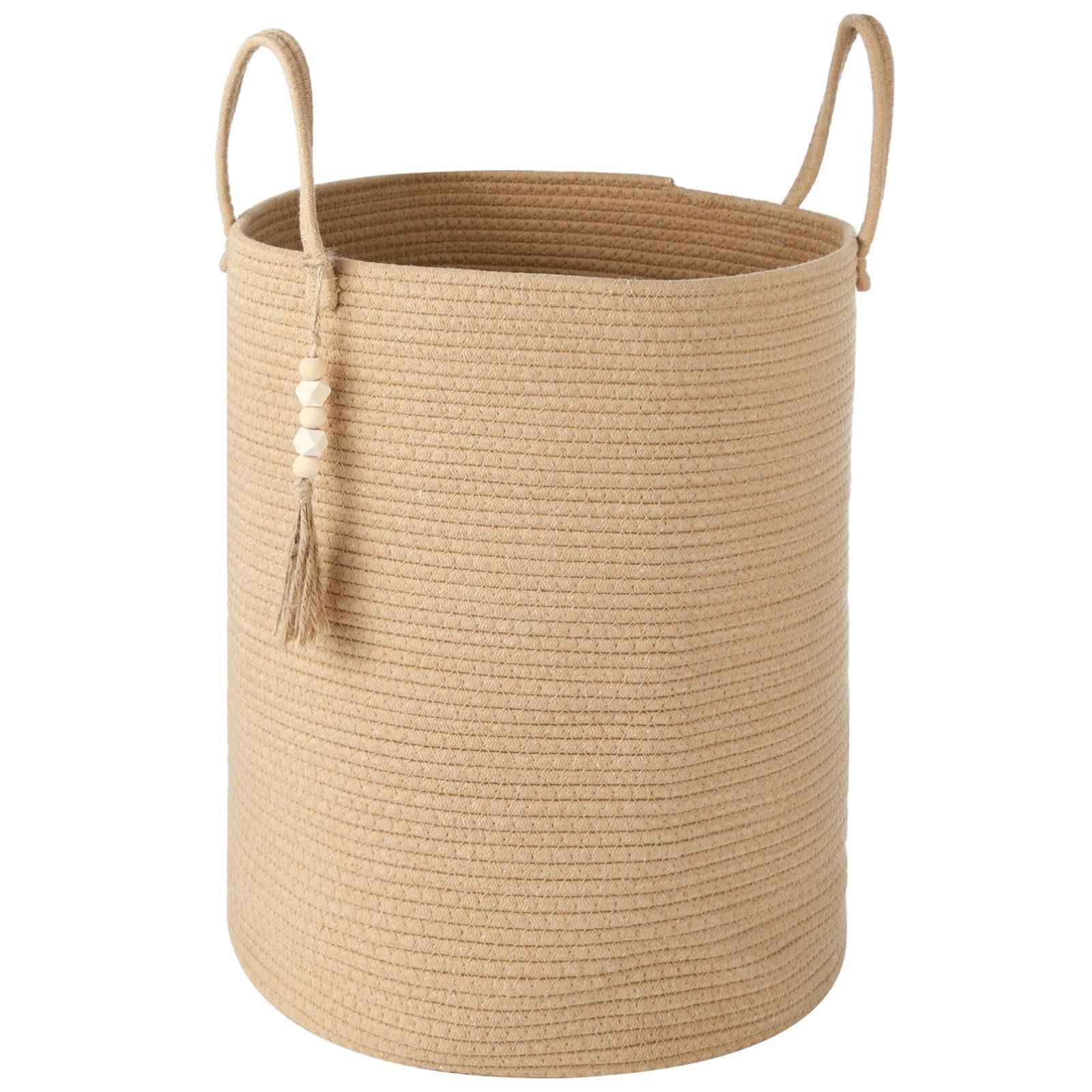 Cotton Rope Laundry Hamper Basket, 58 L Woven Laundry Basket with Handle, 19.7"x 15" Tall Storage Bin with Bead Tassel, Large Clothes Hamper, Toy Blanket Organizer for Living Room, Bedroom
