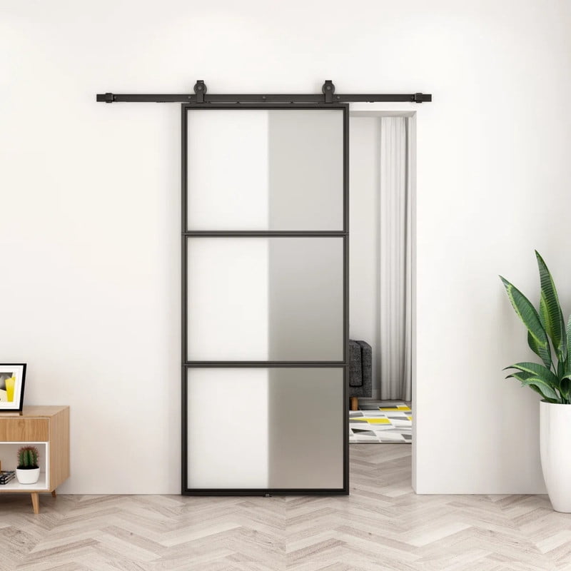 Easy4Home 38"x84" Frosted Glass Sliding Barn Door with Track and Hardware Kit